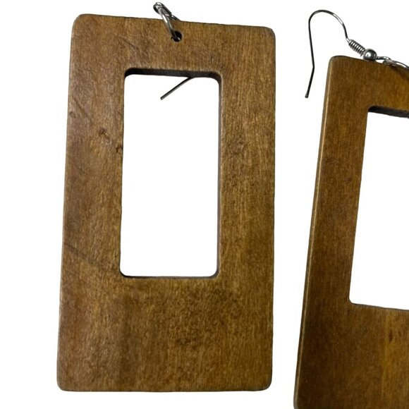 Handmade Rectangular Wooden Dangle Earrings With Cutout Design u - Picture 6 of 7